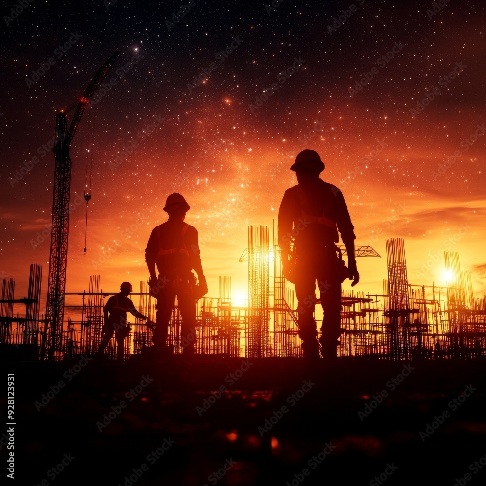 Obraz premium Silhouetted construction workers against a stunning sunset, capturing the essence of hard work and dedication in urban development.