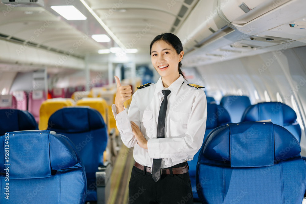 Asian Confident male pilot in uniform leaning at the passenger seat while standing inside of the airplane flight cockpit