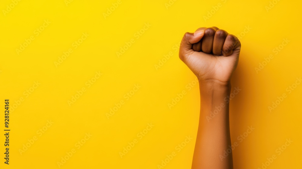 Fist Raised Against Yellow Minimalist Background Symbolizing Empowerment and Strength Fist Raised Against Yellow Minimalist Background Symbolizing Empowerment and Strength