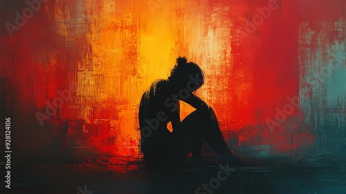 Silhouette of a woman sitting in front of an abstract painted background.