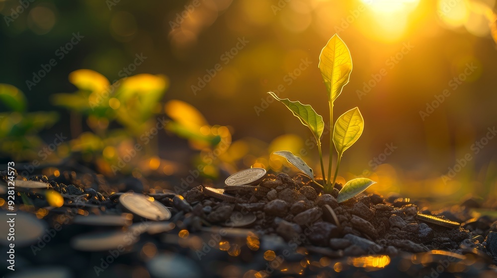 A young plant emerges from soil adorned with coins, symbolizing growth, prosperity, and the promise of a fruitful future. A young plant emerges from soil adorned with coins, symbolizing growth, prosperity, and the promise of a fruitful future.