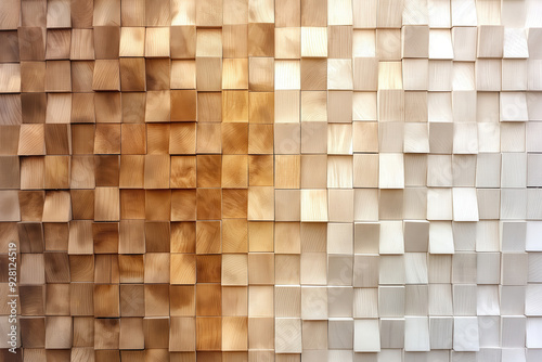 Wallpaper Mural Gradient wooden cube wall texture featuring natural tones from dark to light. Ideal for modern decor, creative backgrounds, and interior design projects. Torontodigital.ca