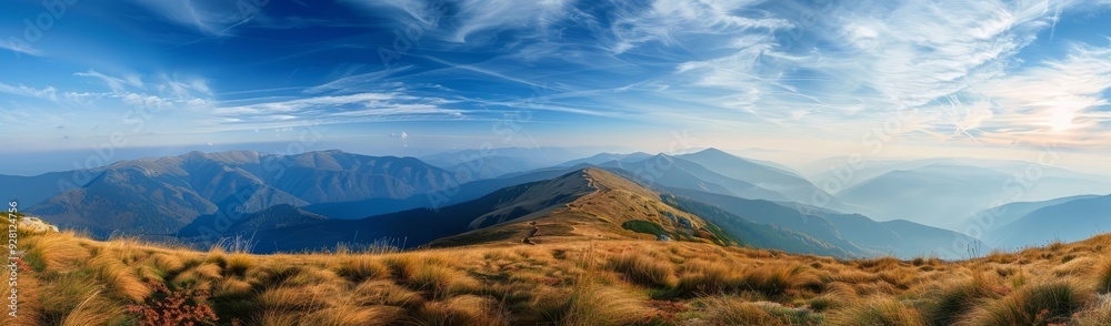 Fototapeta premium Mountaintop Panorama with Golden Grass and Streaky Clouds