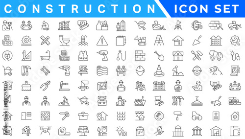 construction simple line isolated icon collection. Editable Stroke. Repair, Renovation, Work Tools, Materials