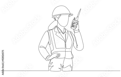 Continuous one line drawing of female engineer holding walkie-talkie to talk to the foreman at a construction site, construction project concept, single line art.