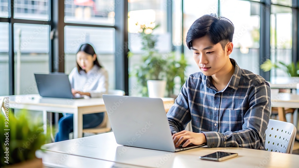 Young Man Working on Laptop in Office.