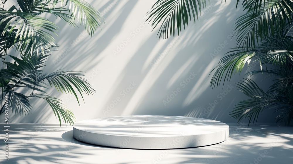A white round podium with tropical plants and rays of light. The layout for the product presentation A white round podium with tropical plants and rays of light. The layout for the product presentation
