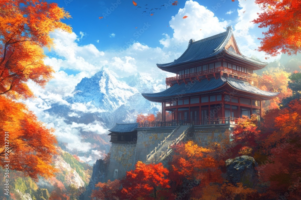 Obraz premium Anime-Style Enchanted Autumn Mountain Temple: A Touch of Realism to the Virtual World, Ideal for Travel Posters, UI Design, Creative Marketing, and Perfect for Gaming Art and Storybook Illustrations 