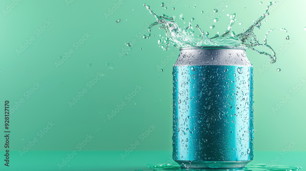 Refreshing Cold Beverage Can Splashing Water with Mint Green Background Refreshing Cold Beverage Can Splashing Water with Mint Green Background