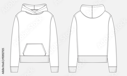 Long sleeve hoodie technical drawing fashion flat sketch vector illustration template front and back views. 