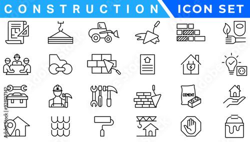 construction simple line isolated icon collection. Editable Stroke. Repair, Renovation, Work Tools, Materials
