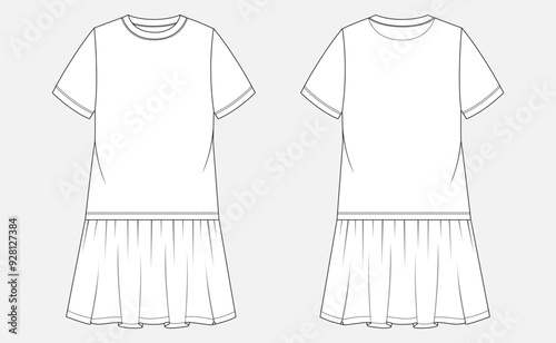 T shirt tops with Skirt For baby girls. Technical drawing fashion flat sketch vector illustration template front and back views