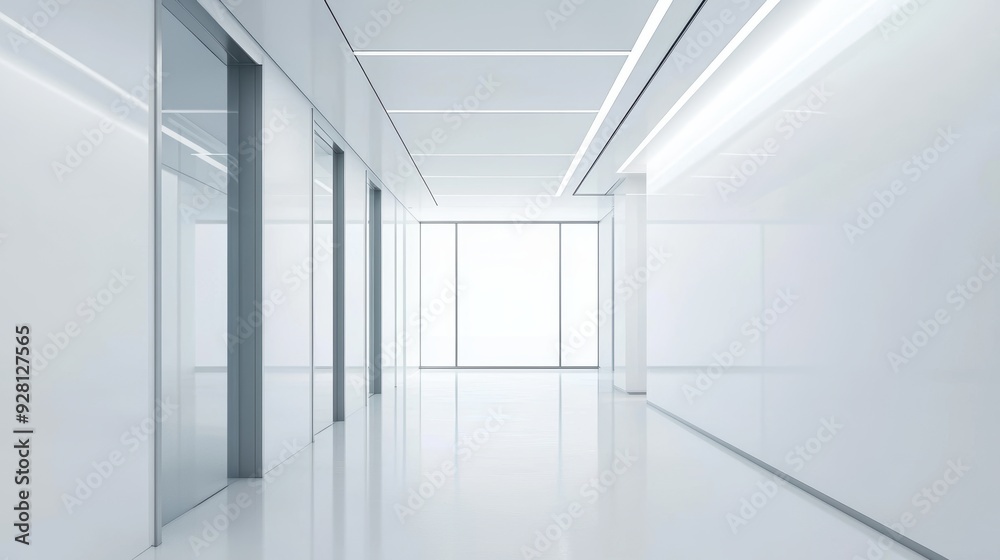 Modern Minimalistic White Hallway Featuring Clean Lines and Glass Doors Reflecting Light Modern Minimalistic White Hallway Featuring Clean Lines and Glass Doors Reflecting Light