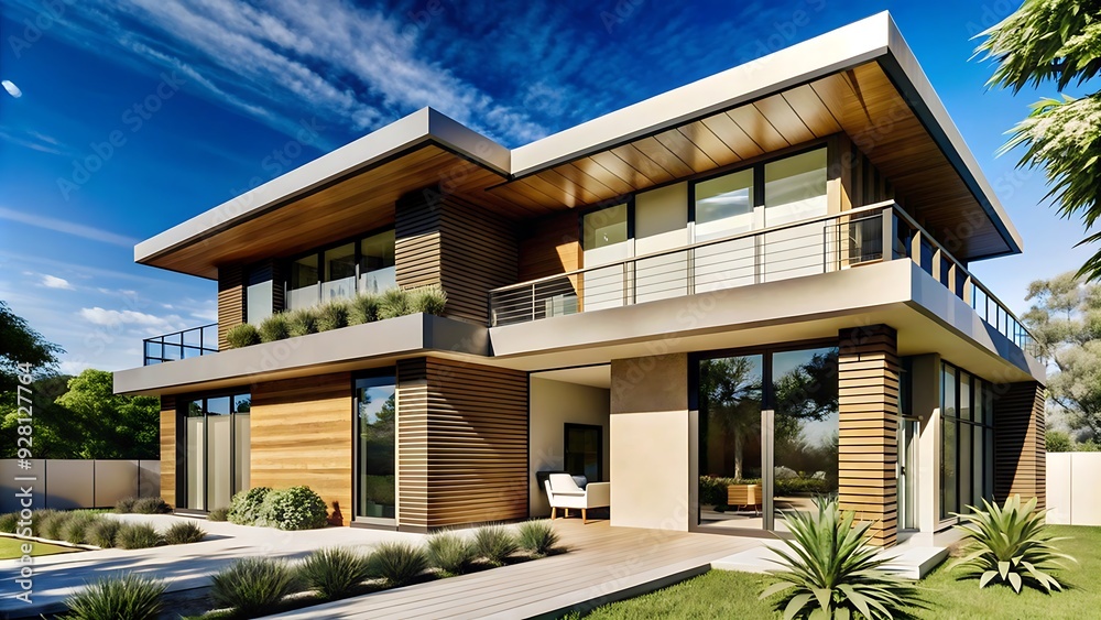 Fototapeta premium Modern Home with Wooden Facade and Spacious Deck.