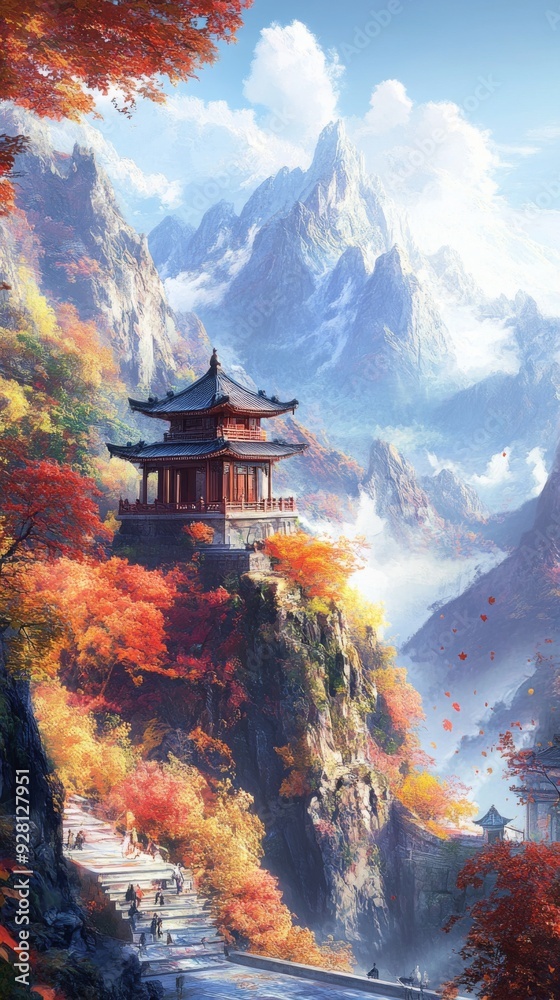 Obraz premium Anime-Style Enchanted Autumn Mountain Temple: A Touch of Realism to the Virtual World, Ideal for Travel Posters, UI Design, Creative Marketing, and Perfect for Gaming Art and Storybook Illustrations 