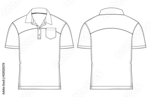Short sleeve Polo shirt technical drawing fashion flat sketch vector illustration template front and back views. Men's and boys polo t shirt clothing mock up cad.