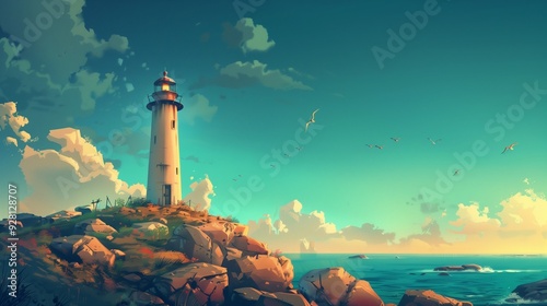 A solitary lighthouse on a rocky coast.
