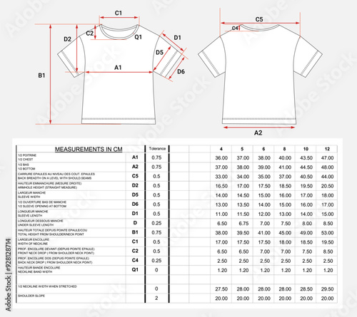 T shirt  tops measurements chart details vector illustration