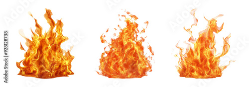 Fire flames isolated on transparent background, burning fire set