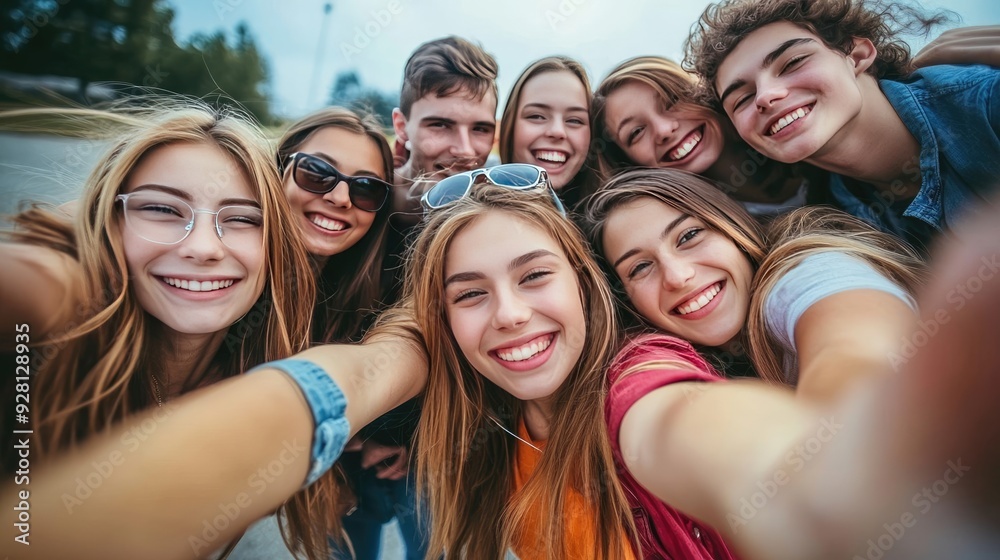 Obraz premium Group of Excited Young Friends Taking a Selfie Together