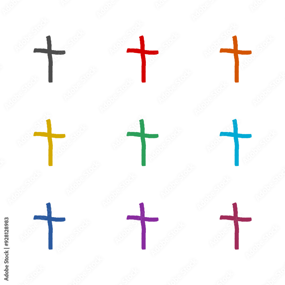 Christian cross hand drawn icon isolated on white background. Set icons colorful Christian cross hand drawn icon isolated on white background. Set icons colorful
