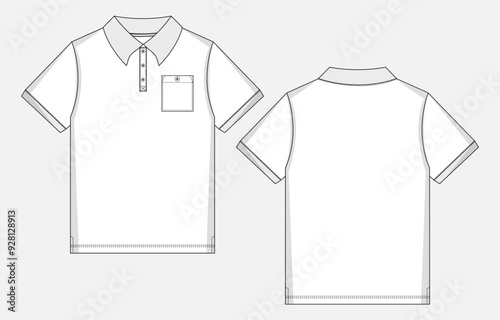 Short sleeve Polo shirt technical drawing fashion flat sketch vector illustration template front and back views. Men's and boys polo t shirt clothing mock up cad.