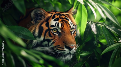 Close-Up of Majestic Tiger Among Green Foliage in Tropical Jungle Habitat