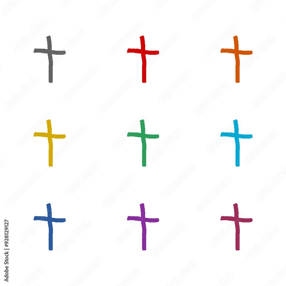 Christian cross hand drawn icon isolated on white background. Set icons colorful