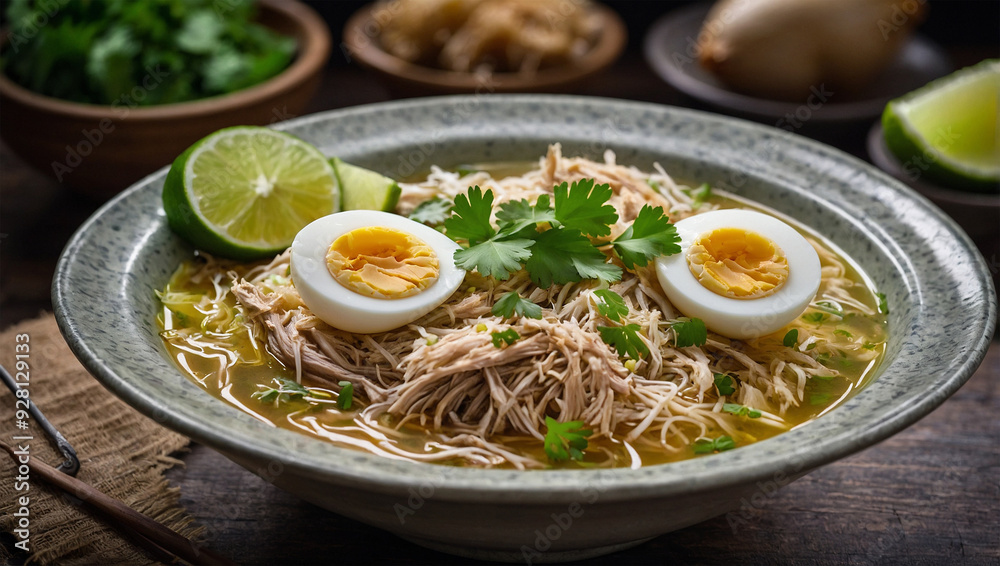 Halal soto ayam with shredded chicken, boiled eggs, and vermicelli in a flavorful broth, garnished with lime and herbs. Halal soto ayam with shredded chicken, boiled eggs, and vermicelli in a flavorful broth, garnished with lime and herbs.