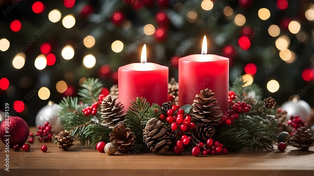 A close-up of a holiday table centerpiece featuring candles, pinecones, and red berries, with twinkling Christmas lights and festive decorations in the background. A close-up of a holiday table centerpiece featuring candles, pinecones, and red berries, with twinkling Christmas lights and festive decorations in the background.
