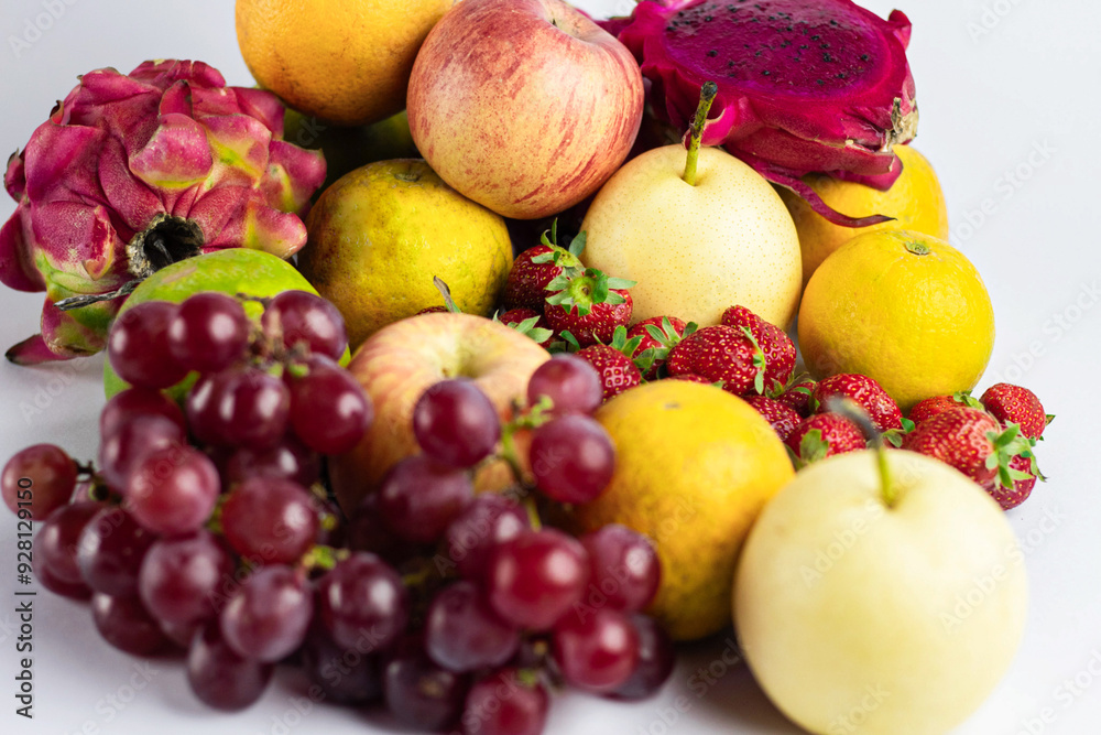 various kinds of fresh and natural fruits on a white background.