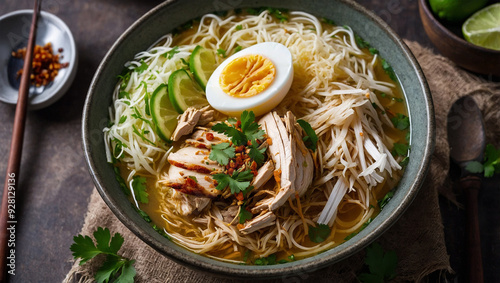 Halal soto ayam with shredded chicken, boiled eggs, and vermicelli in a flavorful broth, garnished with lime and herbs.
