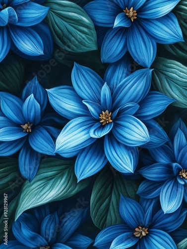 A close-up view of beautiful blue flowers with green leaves, symbolizing nature, beauty, tranquility, growth, and vibrancy.