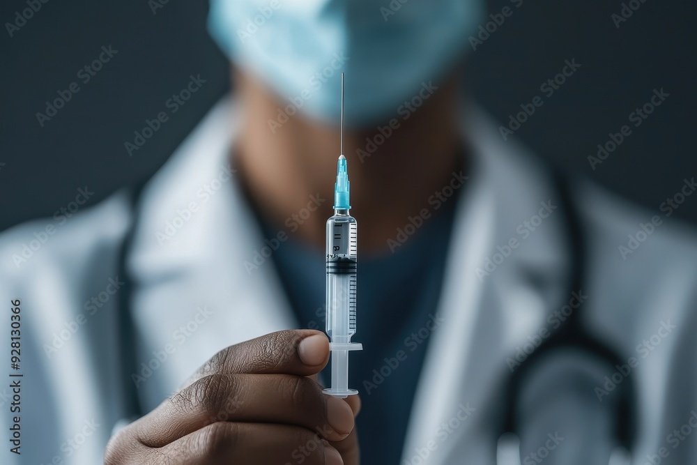 Close-up of a doctor in a mask holding a syringe with a needle, preparing for a medical injection in a clinical environment. Close-up of a doctor in a mask holding a syringe with a needle, preparing for a medical injection in a clinical environment.