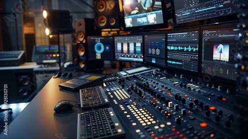 Wallpaper Mural Close-up shot of an audio and video editing studio with a control panel, screens, and equipment for professional production. Torontodigital.ca