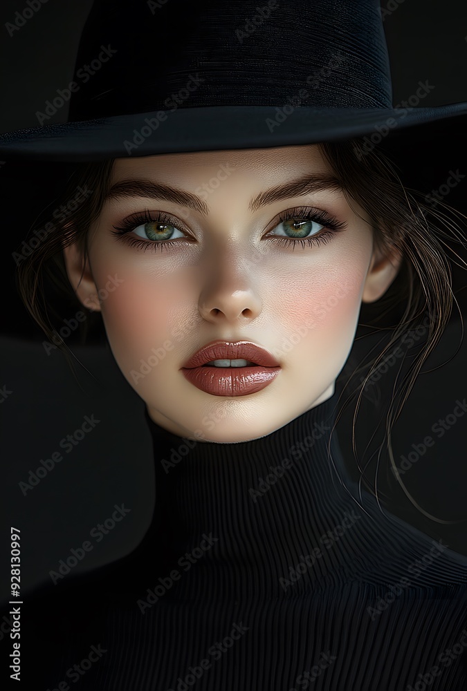 Elegant Woman in Black with Stylish Hat and Dress.
Elegant Woman in Black with Stylish Hat and Dress.