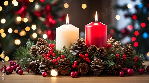  A close-up of a holiday table centerpiece featuring candles, pinecones, and red berries, with twinkling Christmas lights and festive decorations in the background. photo