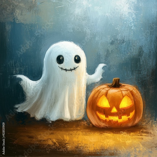 A friendly ghost with a stitched smile stands beside a glowing jack-o'-lantern, symbolizing the joy, fun, and spooky spirit of Halloween. The scene captures the essence of the holiday with its whimsic photo