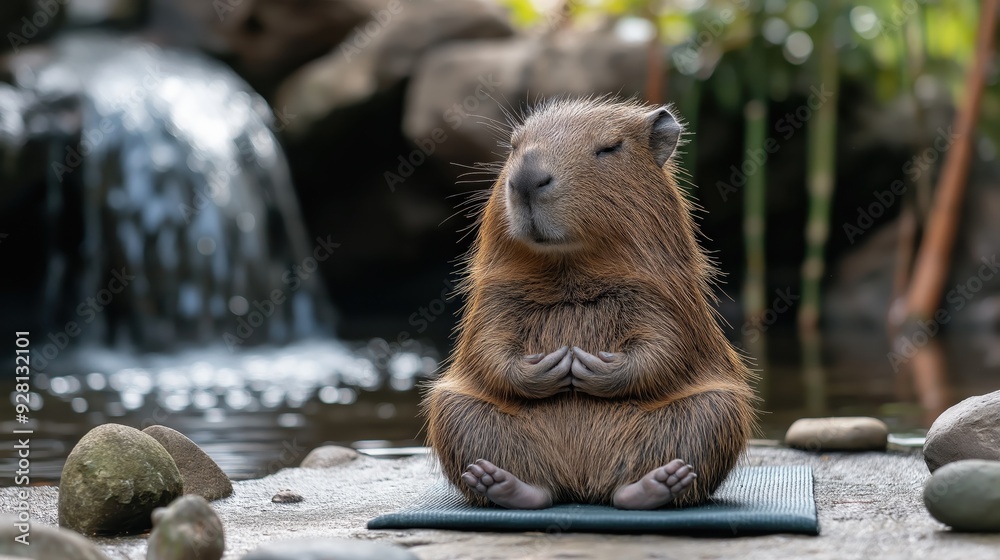Capybara meditating in nature with waterfall Capybara meditating in nature with waterfall
