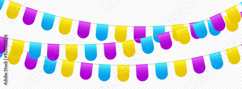 Bunting flags, carnival party flags, festive pennants hanging on a rope. Festival vector decoration.