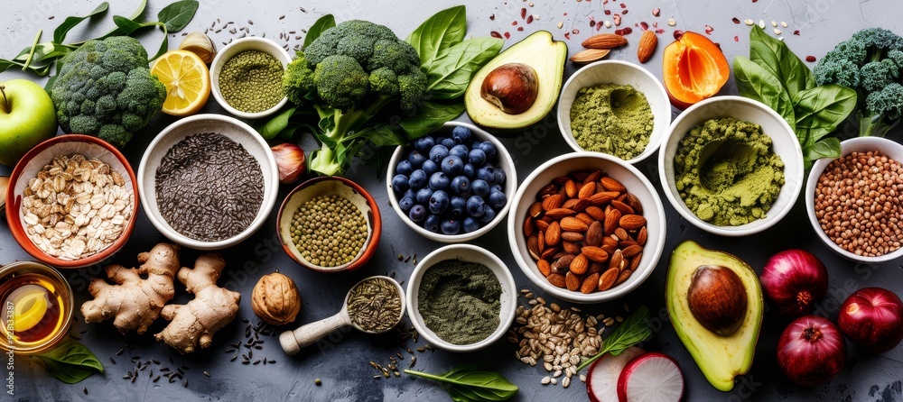 Healthy Food Arrangement with Greens, Seeds, and Nuts