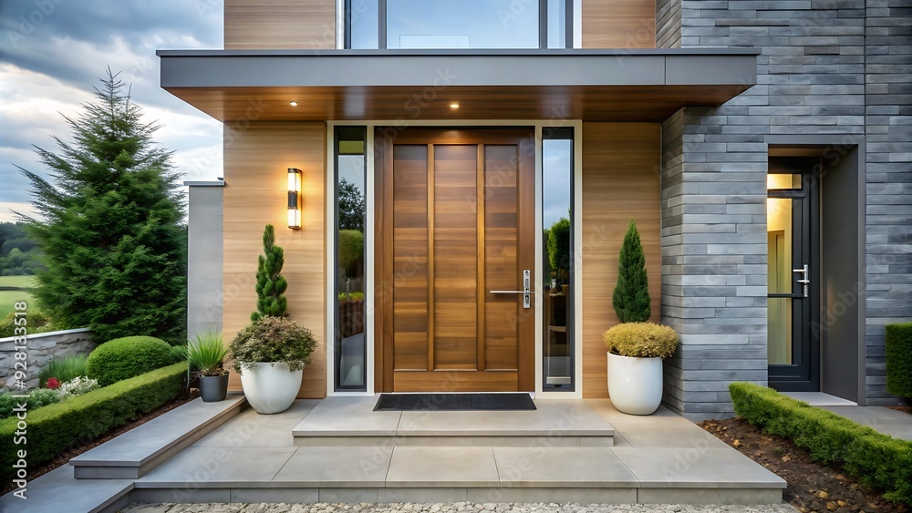 Modern Home Entrance with Wooden Door and Stone Wall. Modern Home Entrance with Wooden Door and Stone Wall.