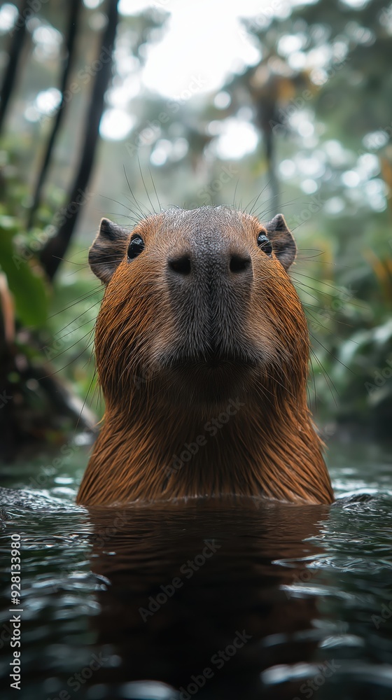 Capybara face emerging from water in tropical forest Capybara face emerging from water in tropical forest