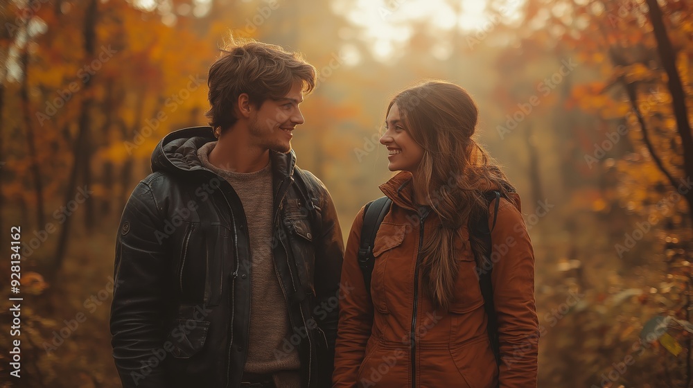 Fototapeta premium Couple smiling at each other during autumn walk in the forest