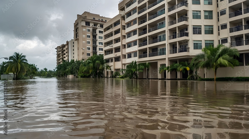 Flooded Street in Front of Apartment Buildings Flooded Street in Front of Apartment Buildings