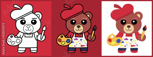Bear Artist cartoon character set outline coloring flat vector illustration