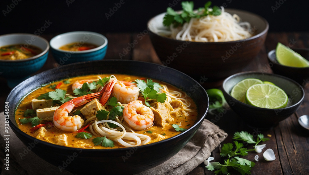 Halal laksa with prawns, tofu, and rice noodles in a rich, spicy coconut broth, garnished with lime and cilantro. Halal laksa with prawns, tofu, and rice noodles in a rich, spicy coconut broth, garnished with lime and cilantro.
