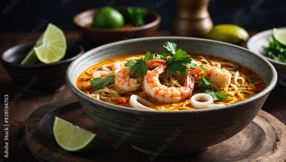 Halal laksa with prawns, tofu, and rice noodles in a rich, spicy coconut broth, garnished with lime and cilantro.