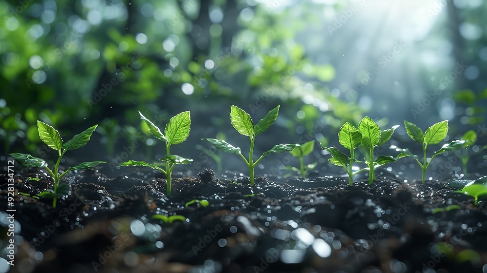 Group of young plants are growing in dirt. Plants are green and appear to be healthy. Group of young plants are growing in dirt. Plants are green and appear to be healthy.