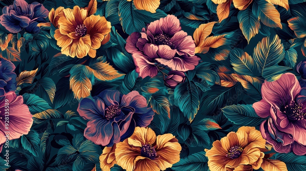 Fototapeta premium Vibrant Floral Pattern of Multicolored Flowers and Leaves with a Dark Background